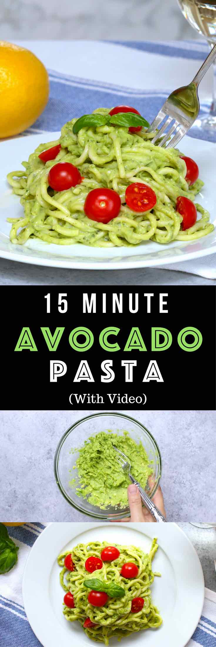 Easy, healthy, and on the table in about 15 minutes! Cream Avocado Pasta is the easiest and best avocado sauce pasta. All you need is a few simple ingredients: spaghetti, ripe avocados peeled and halved, fresh basil leaves, lemon, salt and pepper, olive oil and cherry tomatoes. Quick and easy lunch or dinner recipe. Eat without guilt. Vegetarian. Video recipe. | Tipbuzz.com