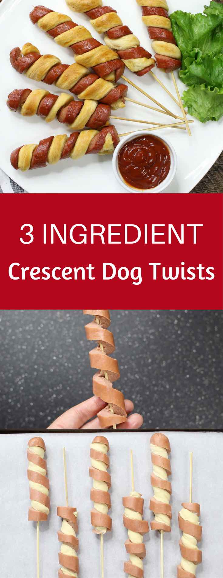 3 Ingredient Crescent Dog Twists – a super easy and kid friendly snack that comes together in minutes and is a guaranteed hit. All you need is 3 simple ingredients: hot dogs, crescent roll dough and egg wash. It’s great for parties and is so yummy! Video recipe. | tipbuzz.com