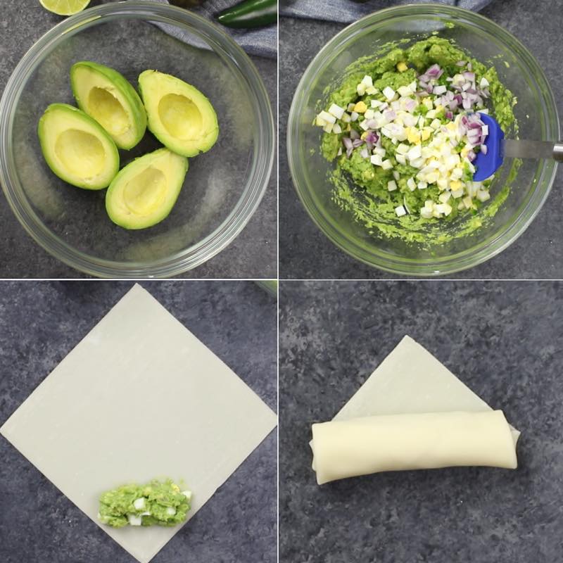 This graphic shows how to prepare avocado egg salad filling for bacon-wrapped spring rolls