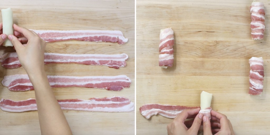 These photos show how to wrap spring rolls with bacon
