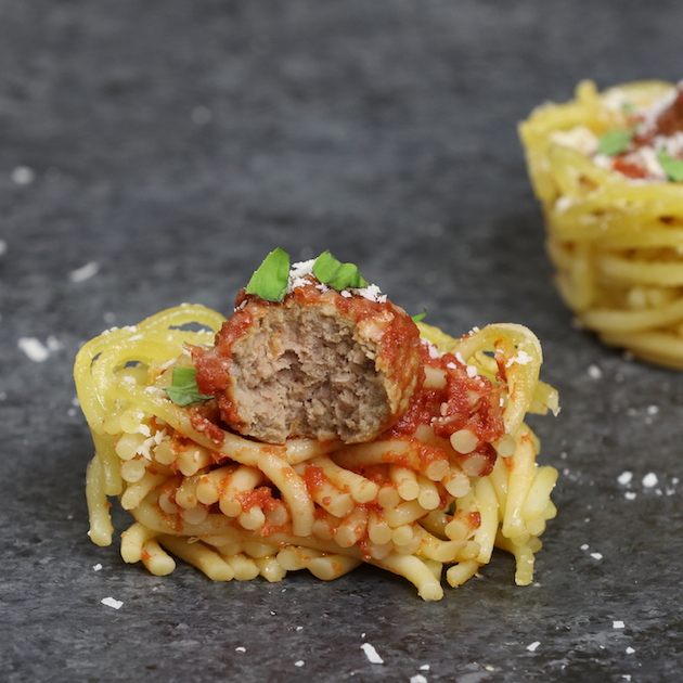 These spaghetti and meatball cups are a delicious baked appetizer that's perfect for a party
