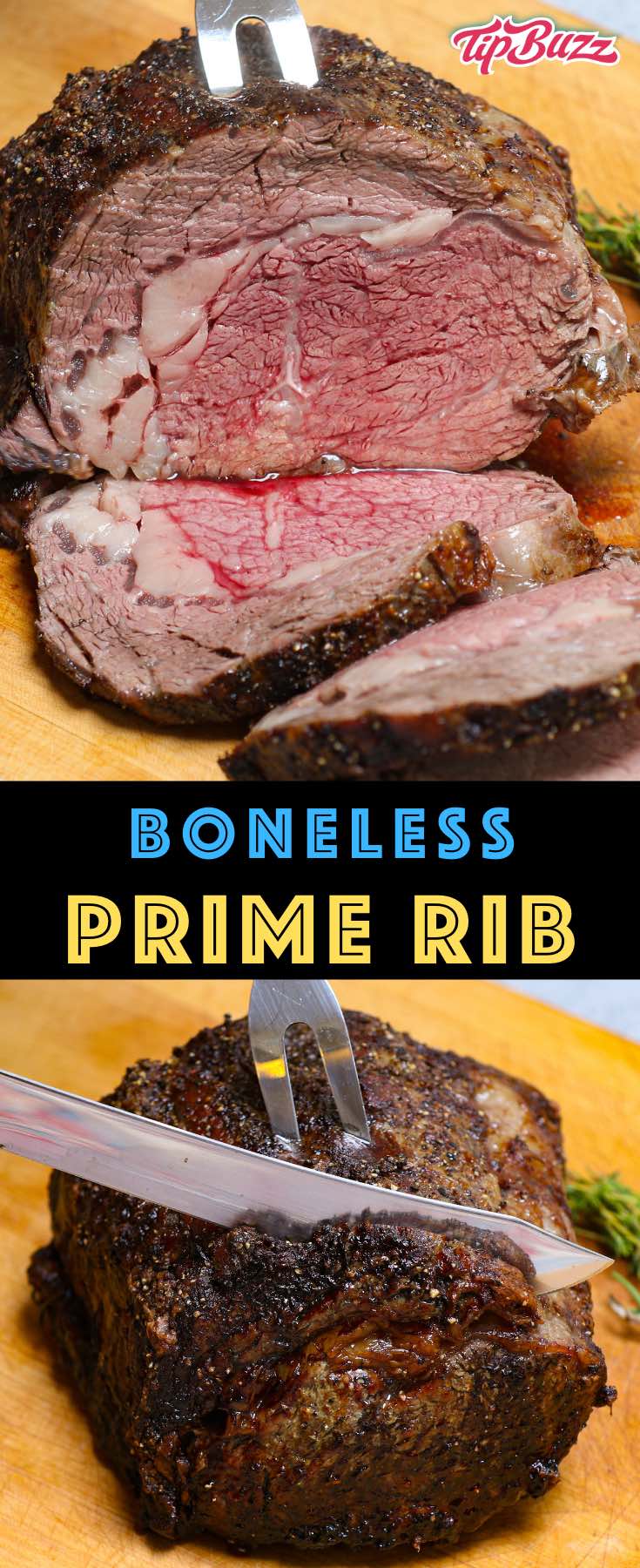 This Boneless Prime Rib is roasted to perfection in the oven for tender and juicy meat that melts in your mouth! This boneless rib roast is an easy main course for holiday entertaining or any celebration! #primerib #bonelessribroast