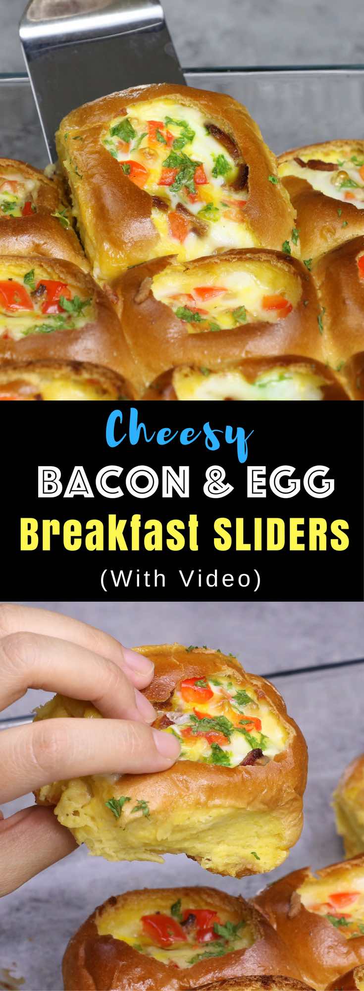 Cheesy Bacon and Egg Breakfast Sliders – Soft and tender sliders are stuffed with bacon, egg, cheese and bell pepper. So delicious! All you need is some simple ingredients: dinner rolls, bacon, egg, cheese, bell pepper, and milk. Great for a weekend brunch or game day party. A perfect pull apart breakfast or brunch of your dreams! Quick and easy recipe. Video recipe. | Tipbuzz.com