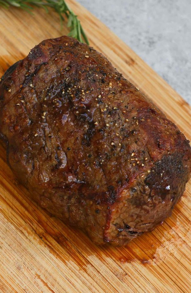 A beef tenderloin roast with a beautiful sear on the outside