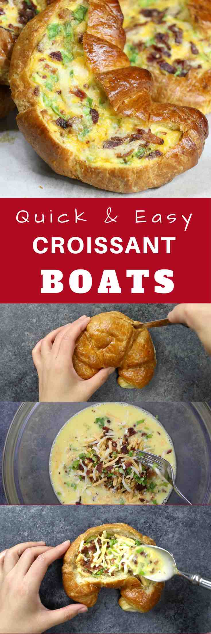 Breakfast Croissant Boats are hollowed-out croissants filled with beaten eggs, crispy bacon and melted cheese before being baked to perfection! So much more interesting than breakfast sandwiches and ready in 30 minutes for breakfast or brunch. #breakfastcroissant 