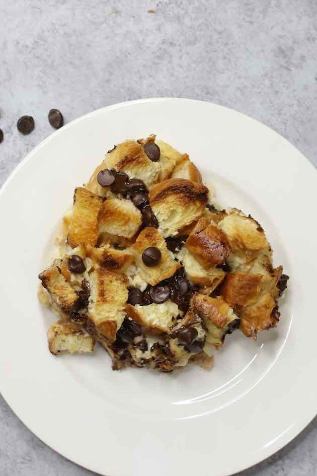 Chocolate banana bread pudding on a serving plate