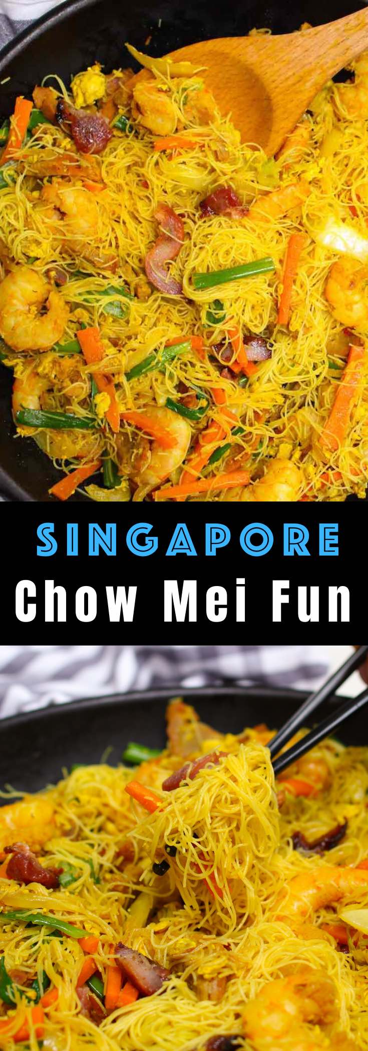 Chow Mei Fun is a classic Cantonese dish made with thin rice noodles, vegetables and pork or shrimp although there are many substitutions possible. It's pure comfort food that's ready in just 20 minutes! #chowmeifun @singaporenoodles