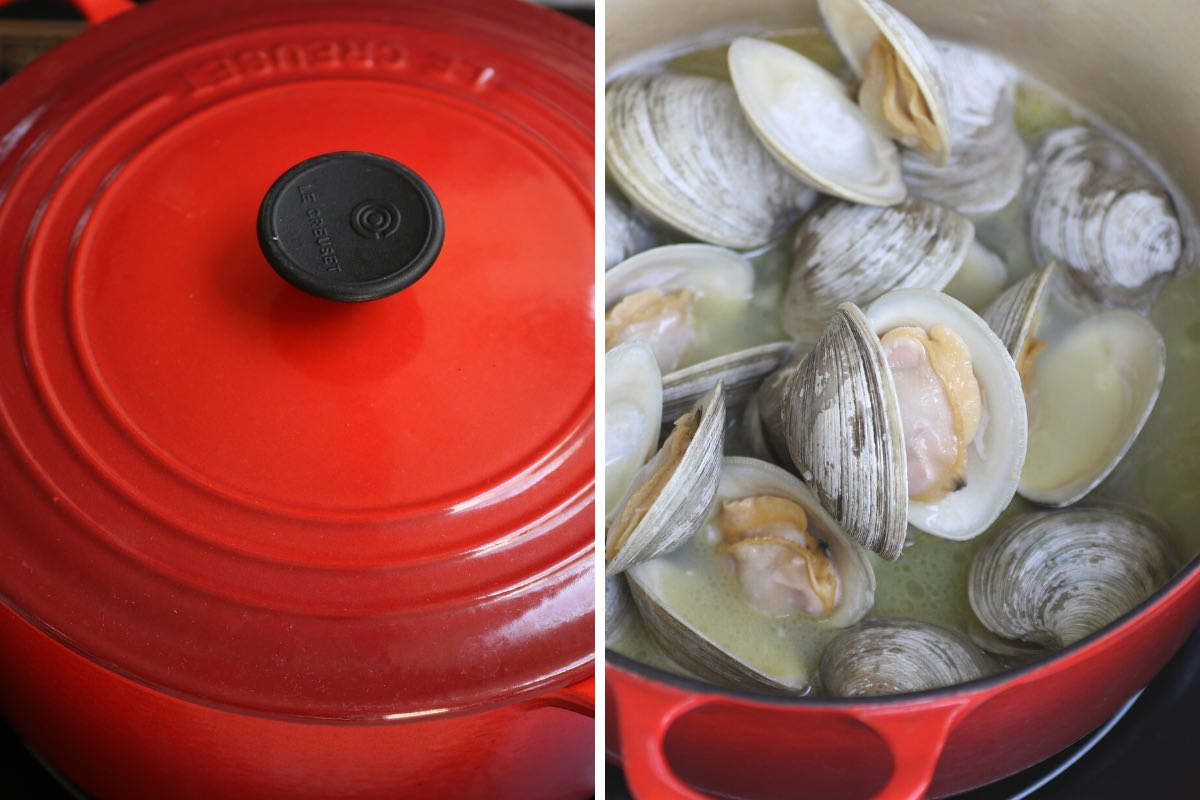 Covering the pot to steam the clams