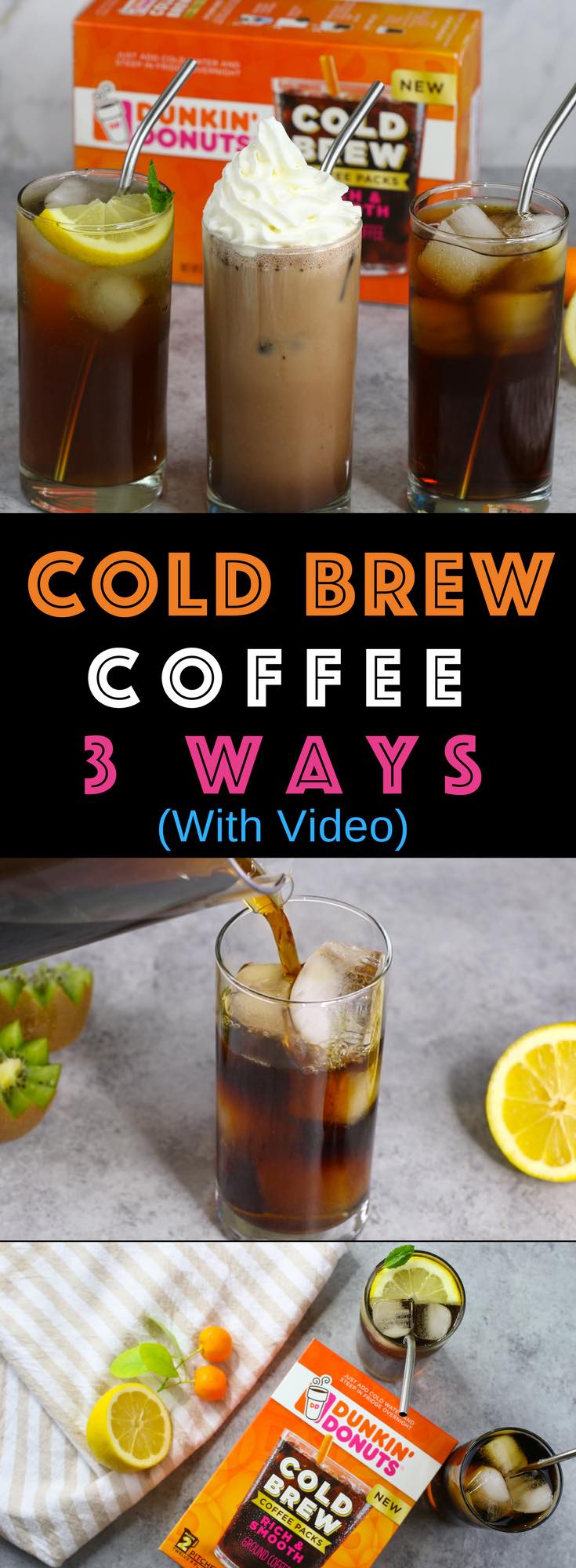Cold Brew Coffee is so smooth and balanced without the acidity and bitterness of drip coffee. It’s so easy to make at home by steeping Dunkin' Donuts Cold Brew coffee packs in cold water overnight. Make it 3 different ways: Cold Brew with Simple Syrup, Cold Brew Mochas and Cold Brew Lemonade. Perfect for parties and barbecues in summer and every day year round! Video tutorial #coldbrew #DunkinYouBrewYou #walmart AD
