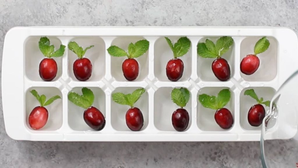 Cranberry and mint ice cubes to make Lemonade Cocktails