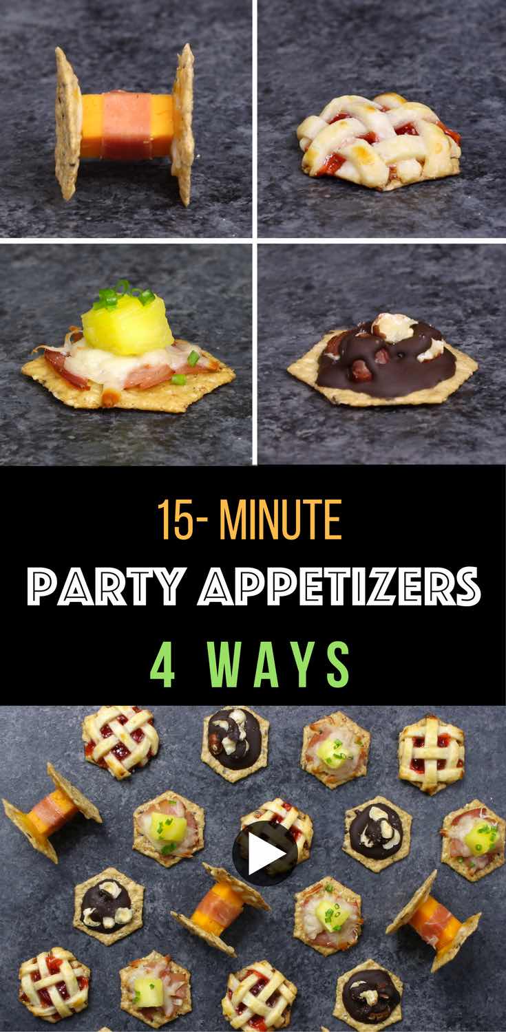 4 Ways Easy Party Appetizers – Cheesy Spaceship Crackers, Cherry Pie Bites, Hawaiian Pizza Bites, Chocolate Hazelnut Clusters, each made with 5 ingredients or less, including Crunchmaster crackers that are gluten-free and non-GMO. Great for entertaining. Video recipe. #crunchmaster #ad