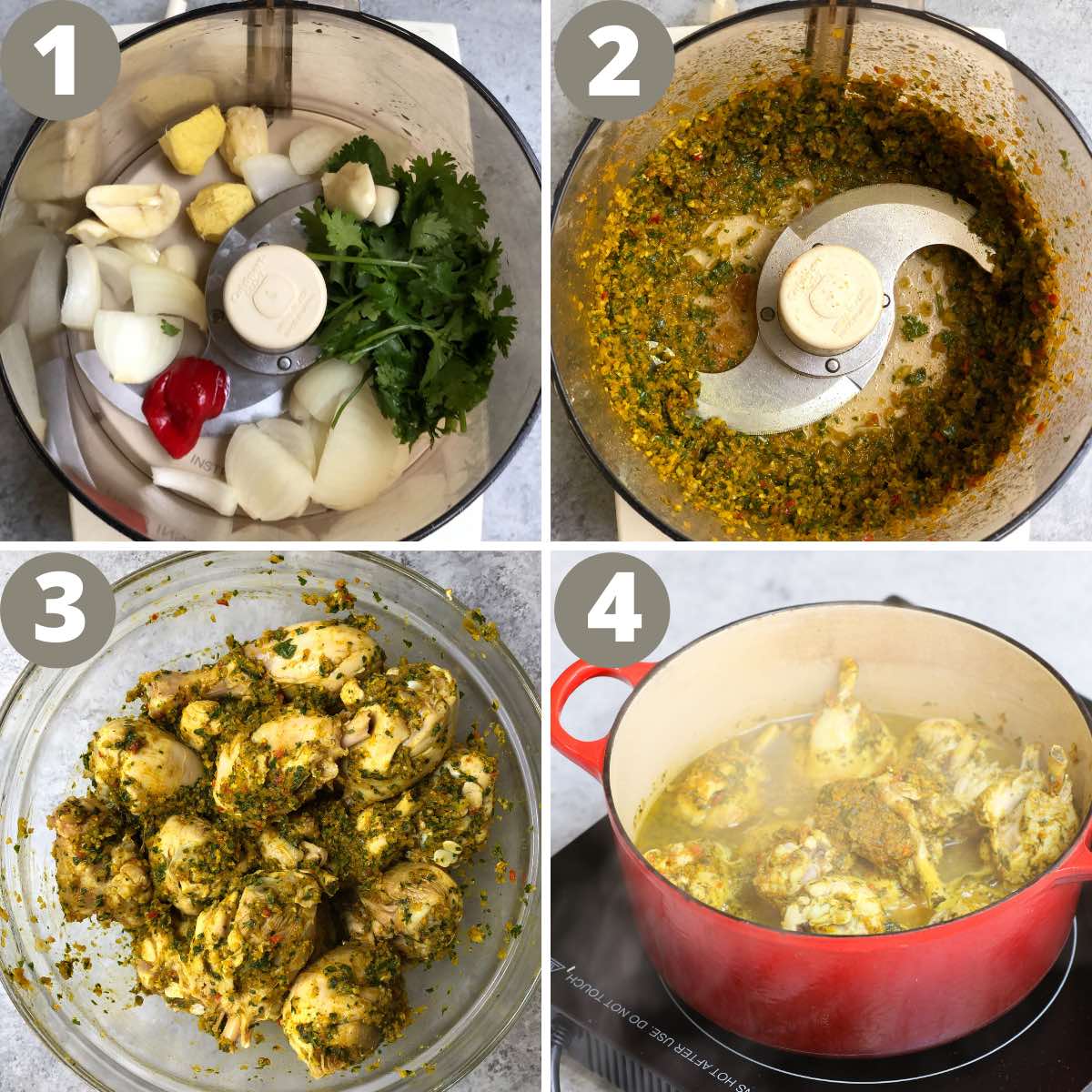 The key steps for making curry chicken: making the paste, coating the chicken and cooking in a pot