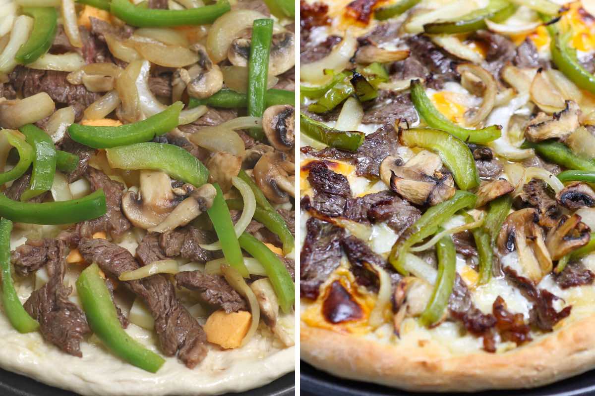 Homemade Domino's Steak and Cheese Pizza before and after baking