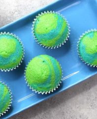 Earth Day Cupcakes with a blue and green swirl pattern