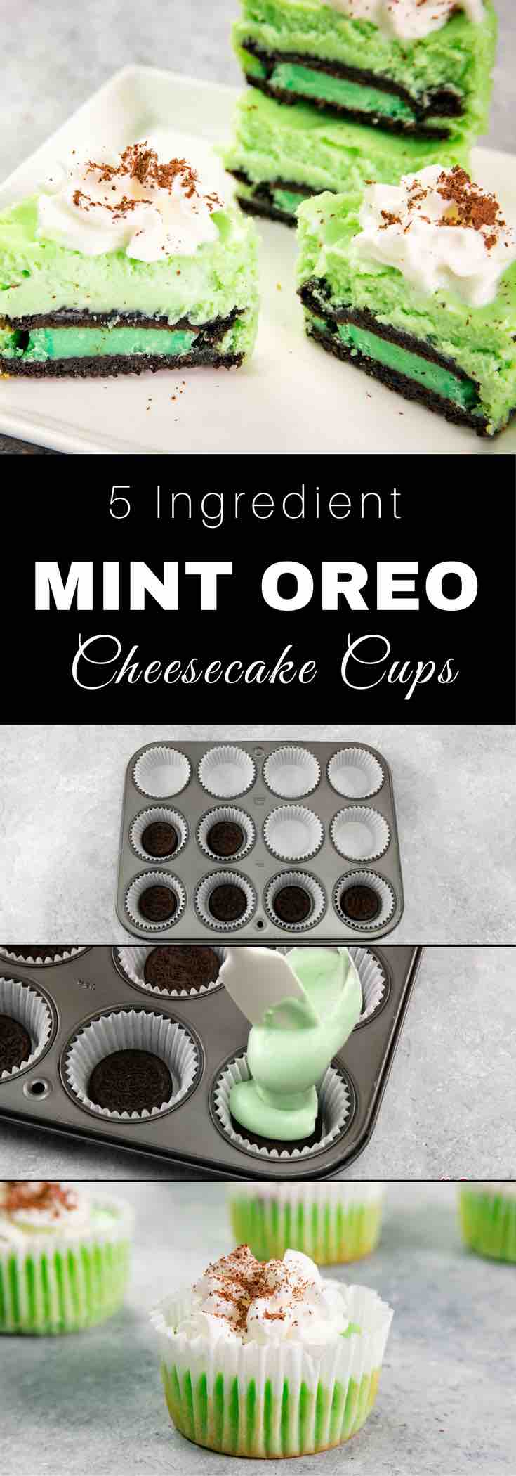 Mini Mint Oreo Cheesecake Cupcakes – Absolutely delicious and super easy to make with only 5 ingredients: mint Oreos, cream cheese, sugar, eggs and crème de menthe. Mint Oreo crust topped with a smooth and creamy cheesecake filling. The perfect quick and easy spring dessert recipe that everyone will LOVE! Video recipe.