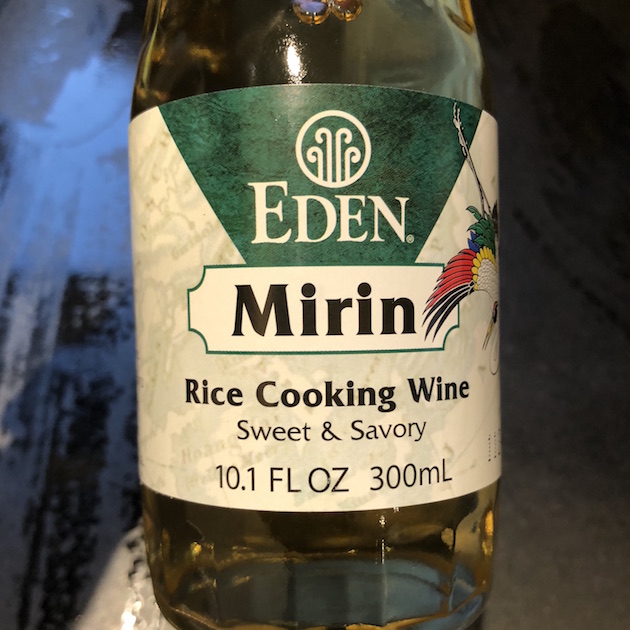 This photo shows a bottle of Eden Mirin made with organic rice with no added sugar