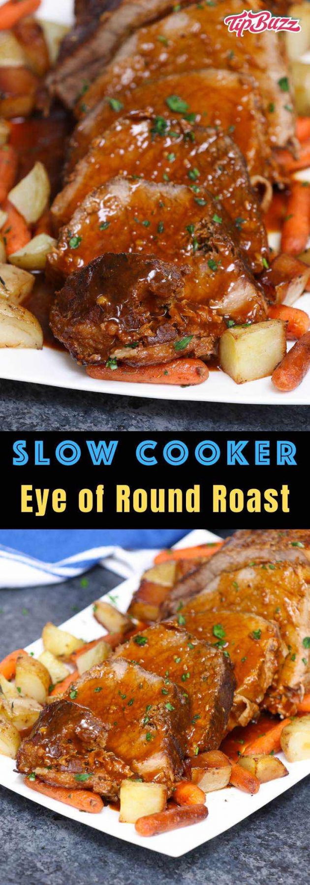 An Eye of Round Roast is a economical cut of beef that, with careful preparation, makes a delicious dinner. Learn how to cook eye of round successfully in the crock pot or oven. #EyeofRoundRoast #EyeOfRound