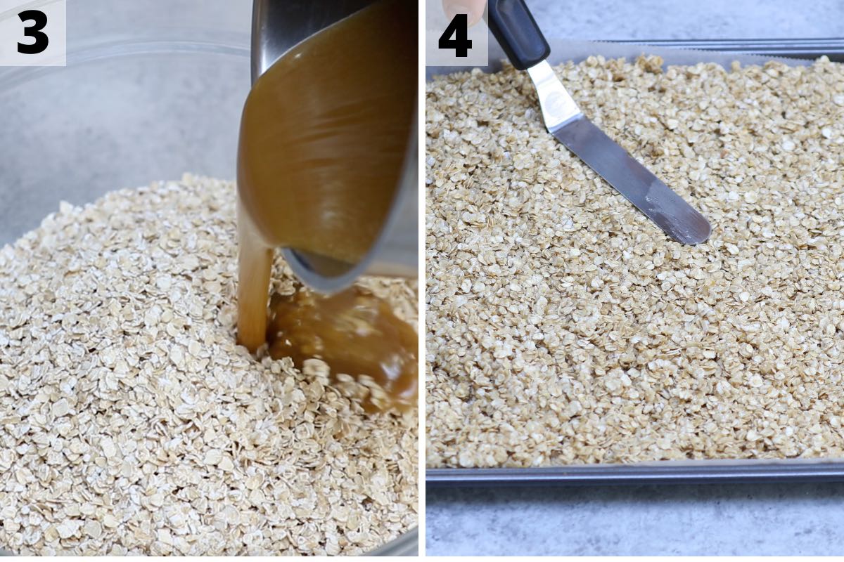 Mixing the sugar mixture into the oats and pressing them down into the pan using an offset spatula