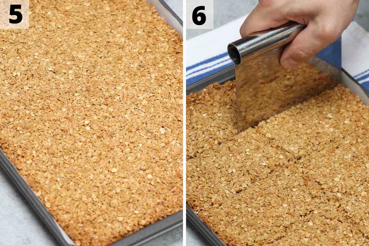 Oat mixture after baking and being cut into pieces using a pastry scraper