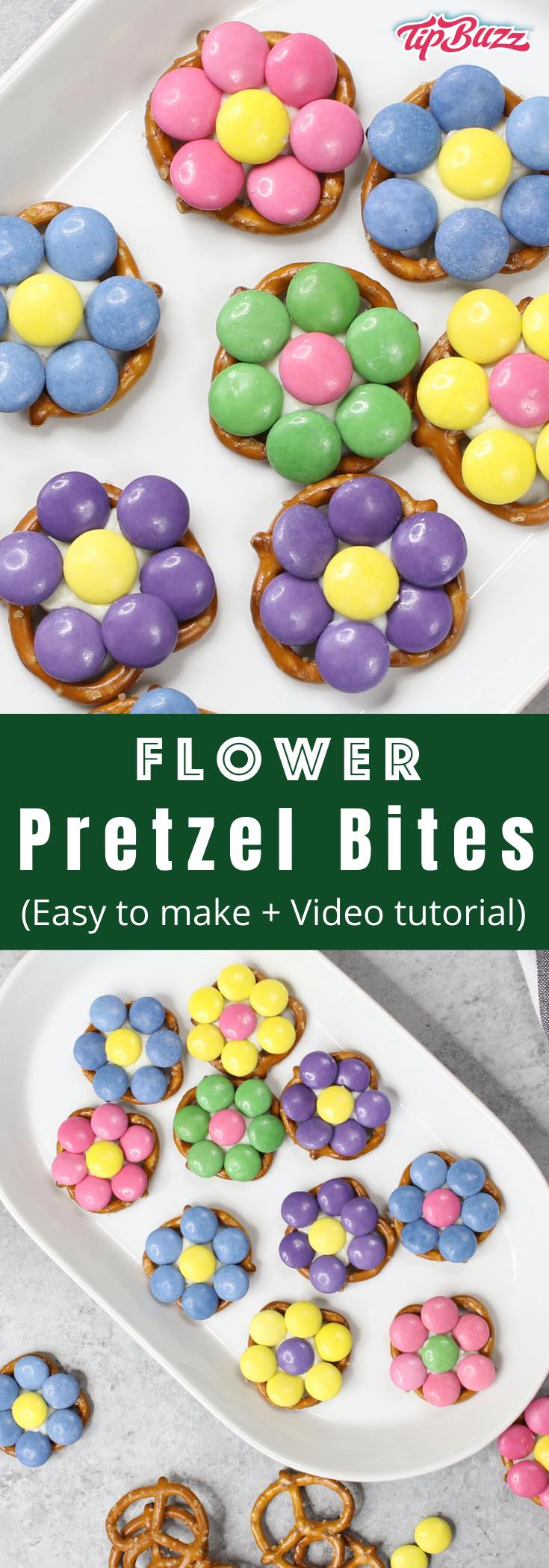 These Easter Pretzel Flower Bites are perfect treats and DIY gifts to celebrate the arrival of spring! All you need are some pretzels, candy melts and pastel M&Ms. These easy treats are ready in just 10 minutes! #flowerPretzelBites