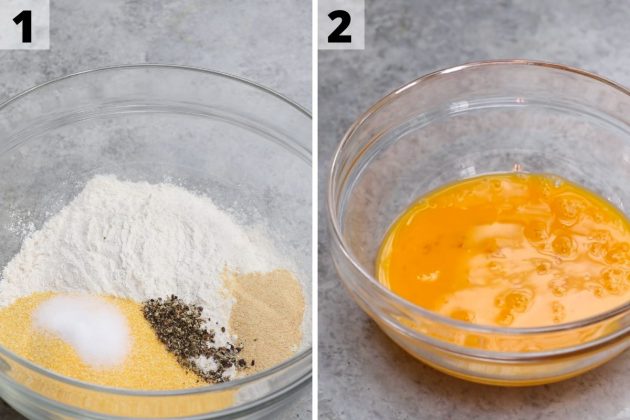 Flour cornmeal mixture in one bowl and egg wash in another