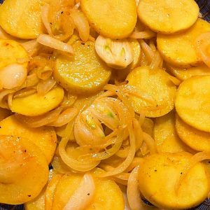 These easy Fried Potatoes and Onions are loaded with crispy, buttery potatoes, and caramelized onion – the perfect side to any breakfast, lunch or dinner! Enjoy them with a sunny-side-up egg and strips of bacon for a satisfying start to the day or serve them with roast chicken and collard greens for a hearty Southern Sunday dinner.