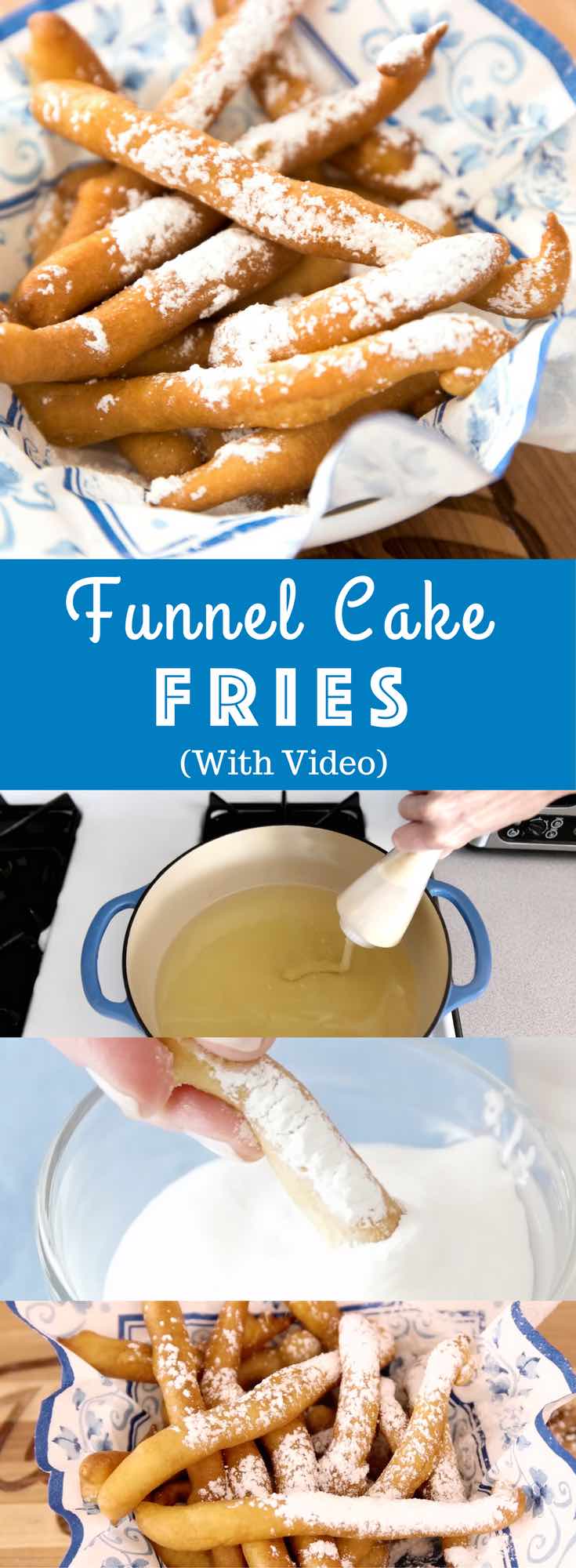 Funnel Cake Fries are golden on the outside and fluffy inside. Skip the State Fair and make these funnel fries for a party and dip them in caramel sauce or marshmallow fluff. Ready in just 20 minutes with no baking required #funnelcakefries #funnelfries