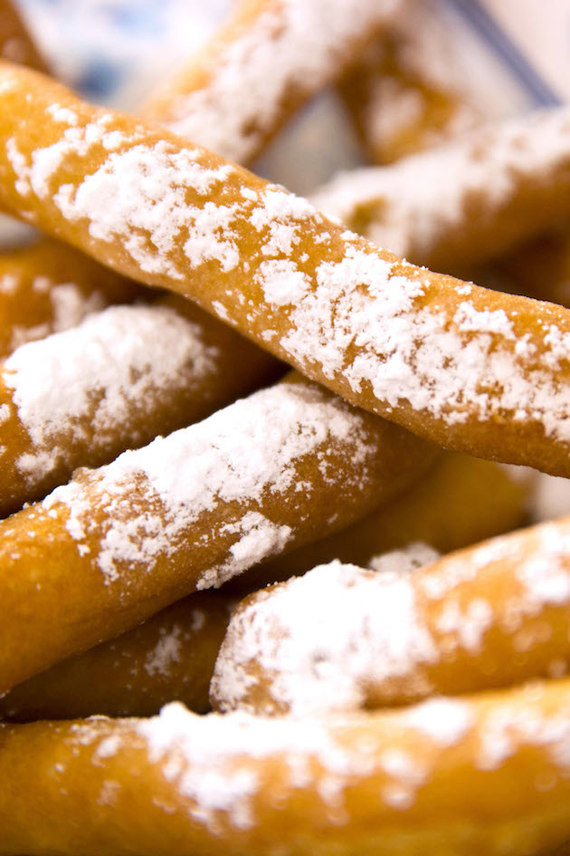 Closeup of funnel fries made with funnel cake batter for a crispy state fair inspired treat