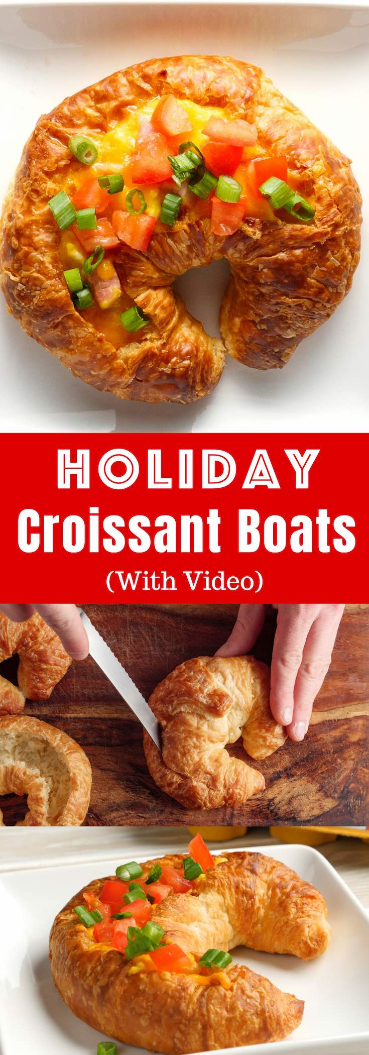 Holiday Croissant Boats are a fun and easy breakfast or brunch recipe that everyone will love, featuring fluffy omelet with ham and cheese baked inside of a flaky croissant. So delicious! Video recipe. @Happyeggcousa #HappyHenHappyEgg #FreeestFreeRange #AD