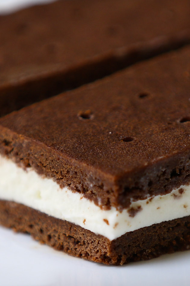 Closeup of homemade ice cream sandwiches with chocolate brownie wafers