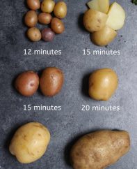 Comparison of different boiled potatoes with their corresponding boiling times to make it easy to determine how long to boil potatoes.