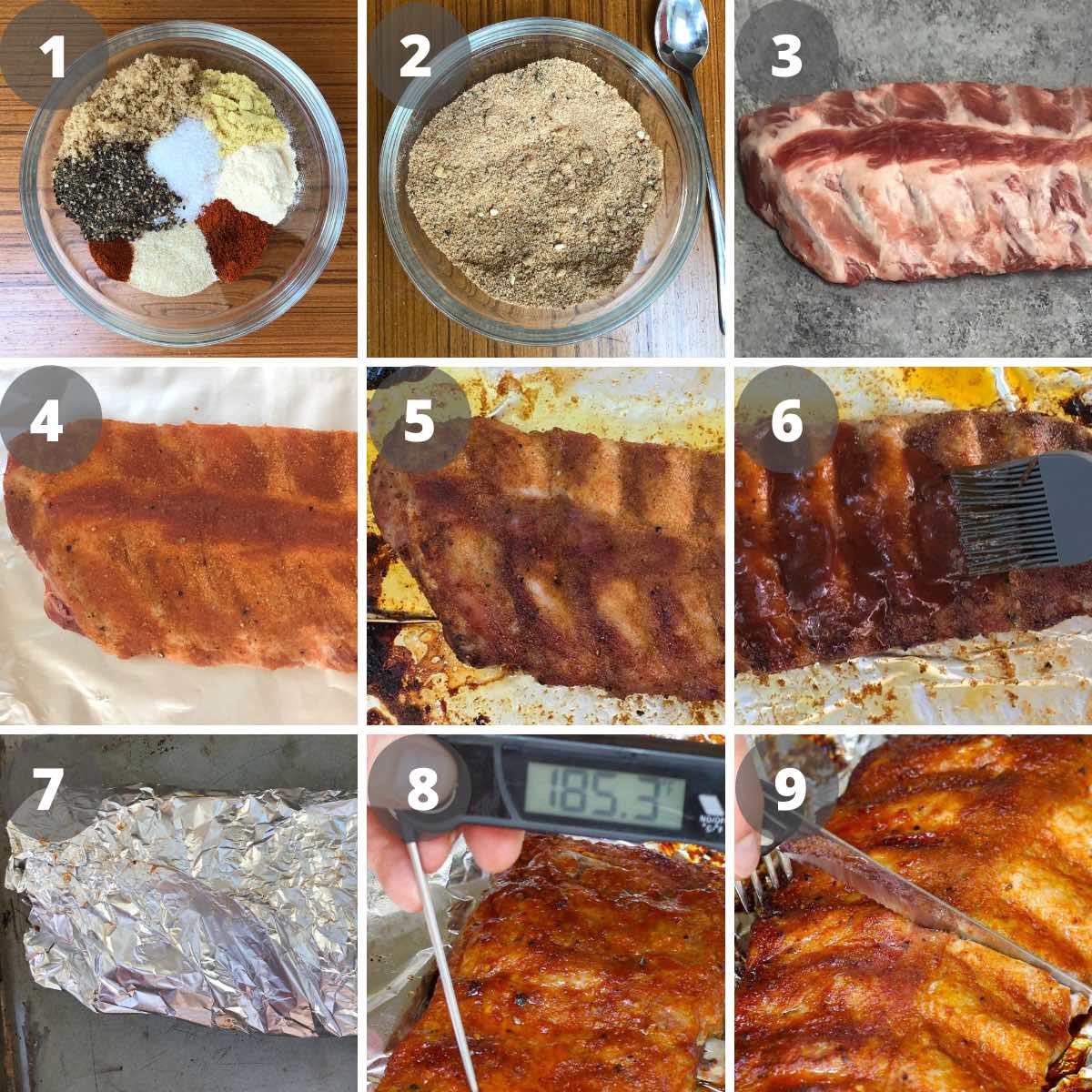 The key steps for baking ribs including seasoning, baking, saucing and checking doneness