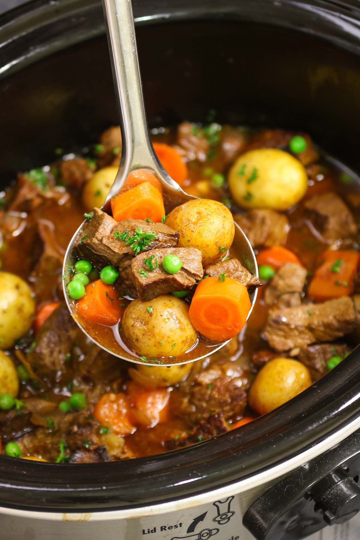 Classic beef stew after 8 hours of cooking in the crock pot