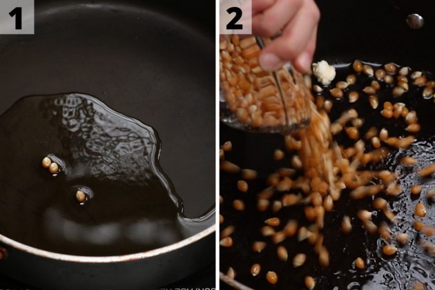 Adding popcorn kernels to a skillet containing hot oil