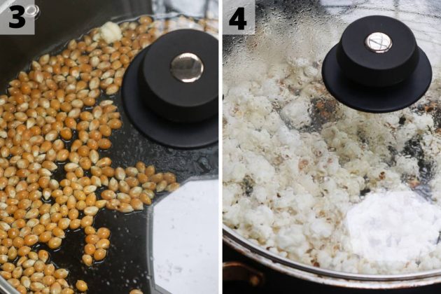 Popping kernels of corn in a covered skillet
