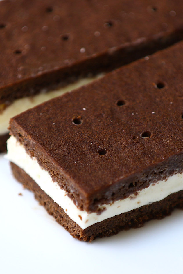 Closeup of a delicious homemade ice cream sandwich recipe with chocolate wafers and vanilla ice cream