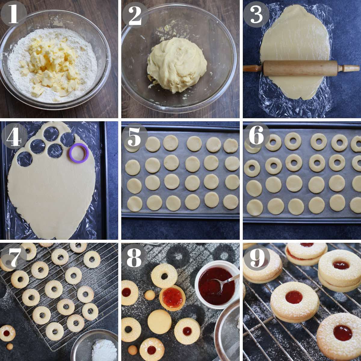 Step by step photo collage with 9 images showing how to make jammie dodger: from making the dough to assemble the cookie sandwiches.