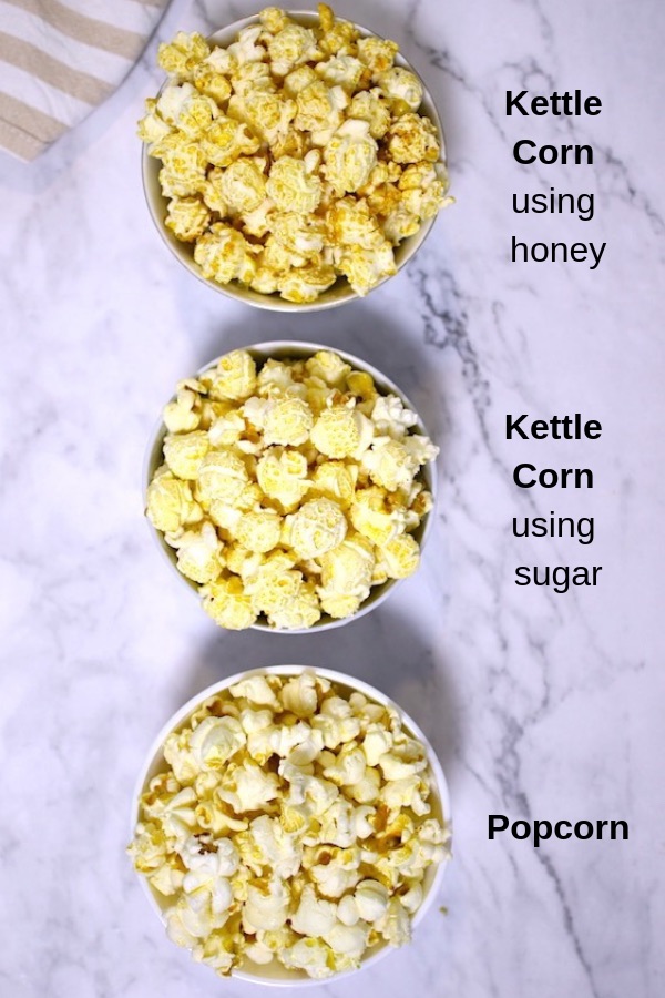 The photo shows kettle corn made with honey, kettle corn made with sugar and regular popcorn