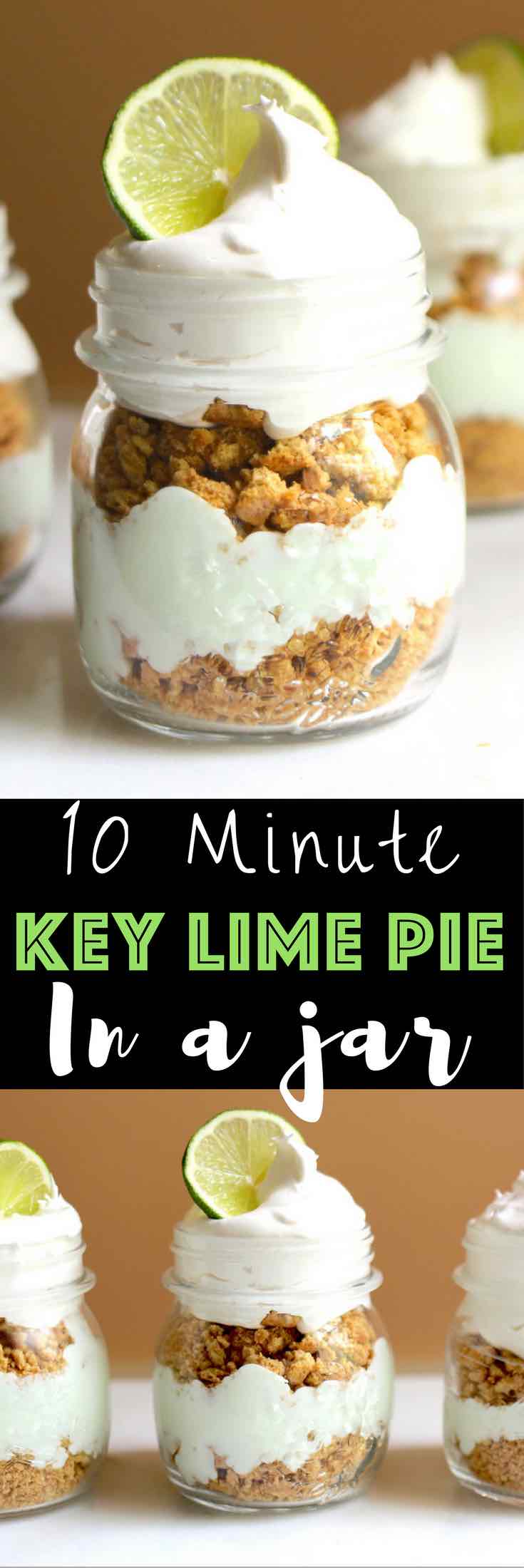 No Bake Key Lime Pie In A Jar – smooth, creamy and tangy key lime cheesecake layered between crunchy crashed graham crackers. Served in individual mason jars. It’s so easy and comes together in 10 minutes. All you need is a few simple ingredients: crushed graham crackers, butter, cream cheese, condensed milk, vanilla greek yogurt, key lime juice, green food coloring, whipped topping and slices of lime to garnish. So good! Quick and easy, no bake dessert, vegetarian. Video recipe. | tipbuzz.com