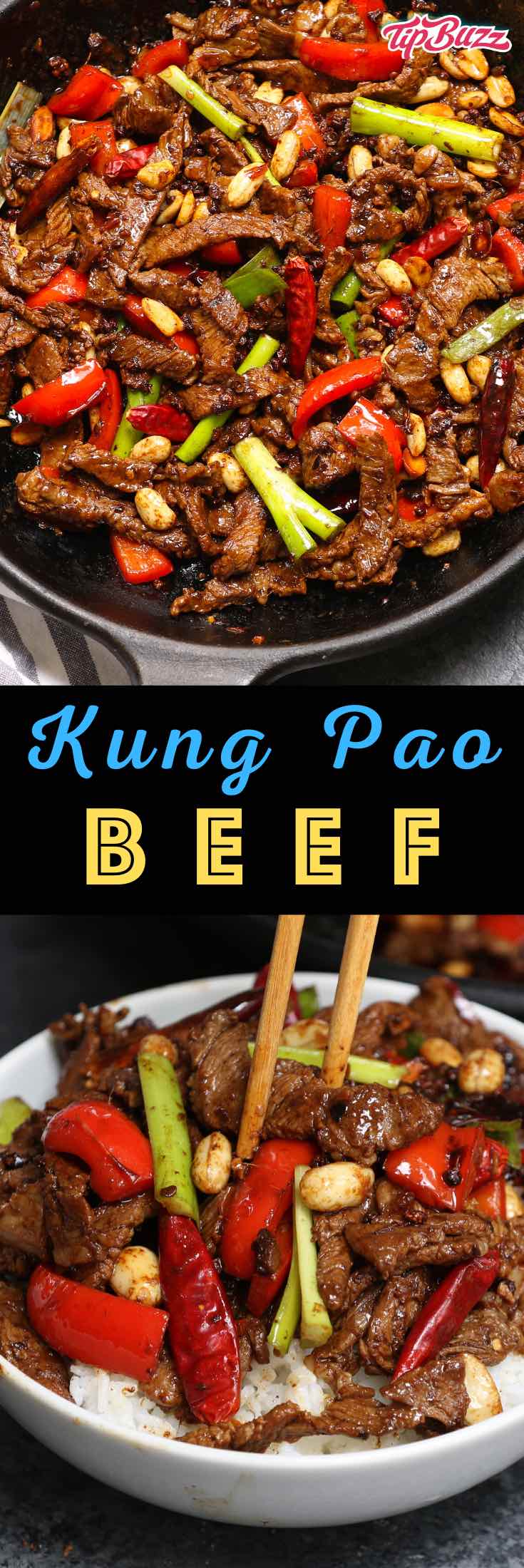 Kung Pao Beef is a fiery Szechuan dish with sweet and savory flavors just like kung pao chicken! Tender strips of beef are combined with seasonings and vegetables in this delicious stir-fry! #szechuanbeef #kungpaobeef