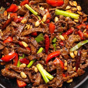Kung Pao Beef in a cast iron skillet