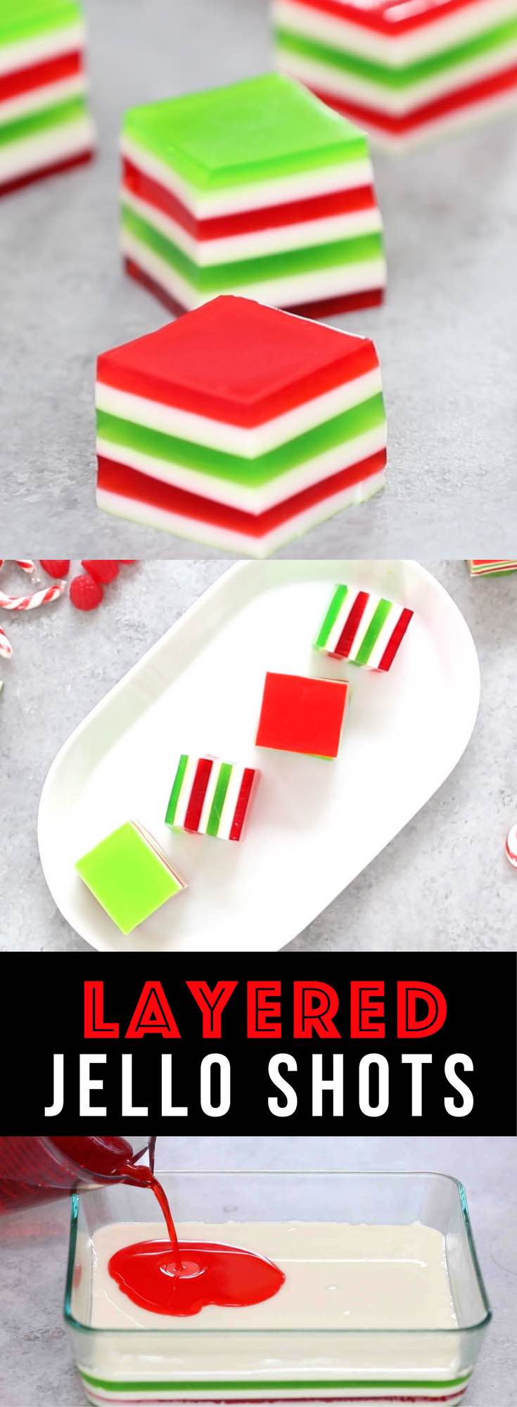 Easy Layered Jello Shots – An easy and beautiful dessert spiked with vodka for a special party! Smooth and creamy Jello shots with bright red, green and white layers. All you need is a few simple ingredients: gelatin, strawberry and lime jello powder, vodka and condensed milk. So Good! Great for holiday and birthday parties. Easy recipe, party desserts. Finger food. No Bake. Vegetarian. Video recipe. | Tipbuzz.com