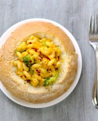 Overhead view of a DIY Panera mac and cheese bread bowl