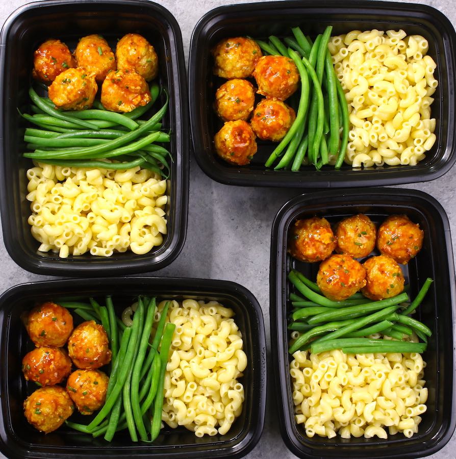 BBQ Meatball Meal Prep - delicious BBQ chicken meatballs with cooked pasta and green beans in meal prep containers for the week