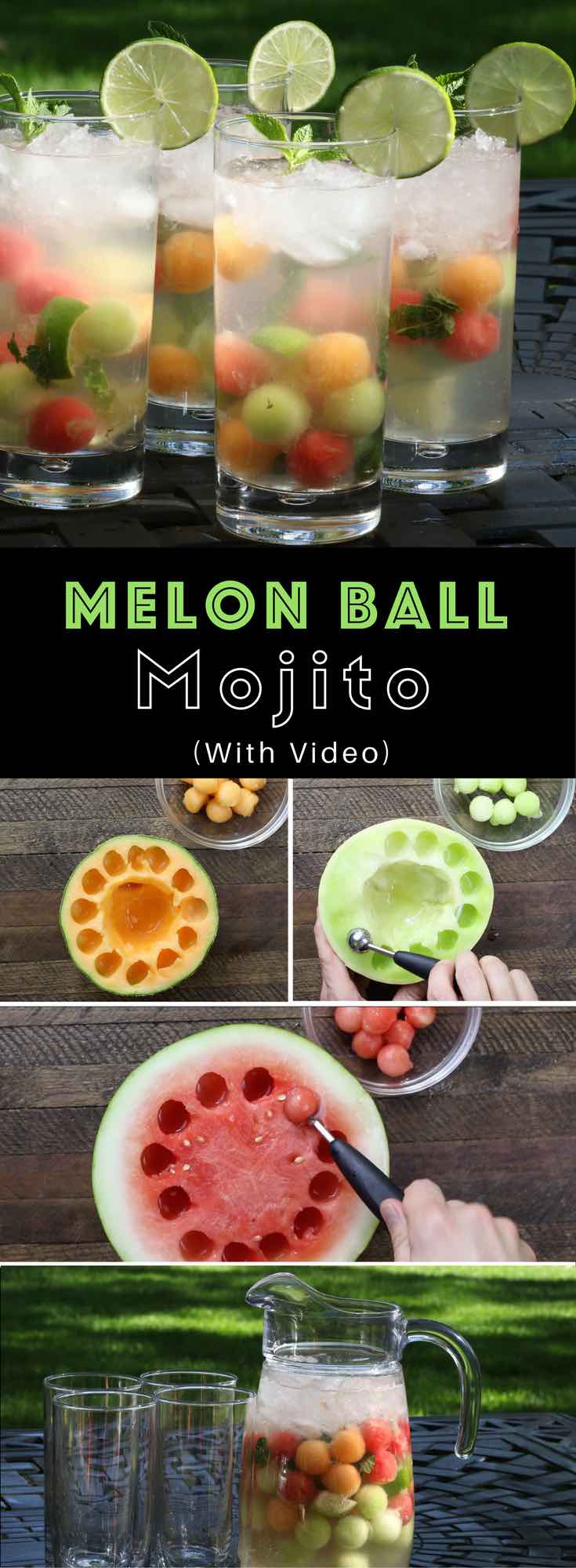 Easy Melon Ball Mojitos – the classic mojito cocktail fused with the sweetness and freshness of melon balls, delivering this refreshing and beautiful drink. All you need is only a few ingredients: mint, watermelon, cantaloupe and honeydew melons, white rum, sugar, lime, ice and sparkling water. Easy drinks recipe. Video recipe. | Tipbuzz.com