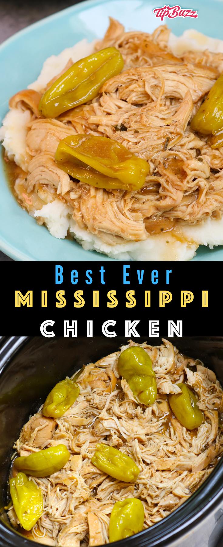Mississippi Chicken is an easy crockpot recipe with just 5 minutes of prep time and 5 ingredients, delicious served with mashed potatoes or on a bun #mississippichicken