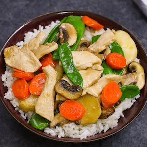 Moo Goo Gai Pan - delicious Chinese mushroom and chicken dish served in a rice bowl