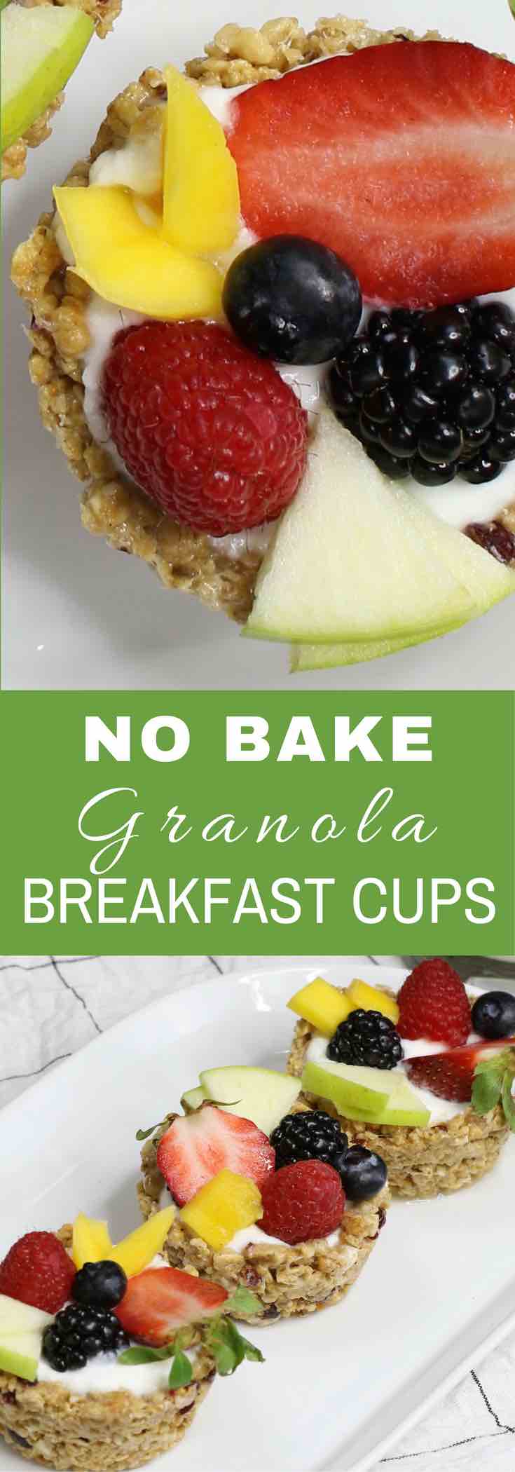 Granola Breakfast Cups with Yogurt and Fruits – the easiest wholesome and beautiful breakfast granola cups made with only 3 ingredients: granola, butter and mini marshmallows. You can customize your favorite fillings and toppings such as yogurt and fruits in the crunchy granola crust! No bake. Quick and easy video recipe. | Tipbuzz.com 