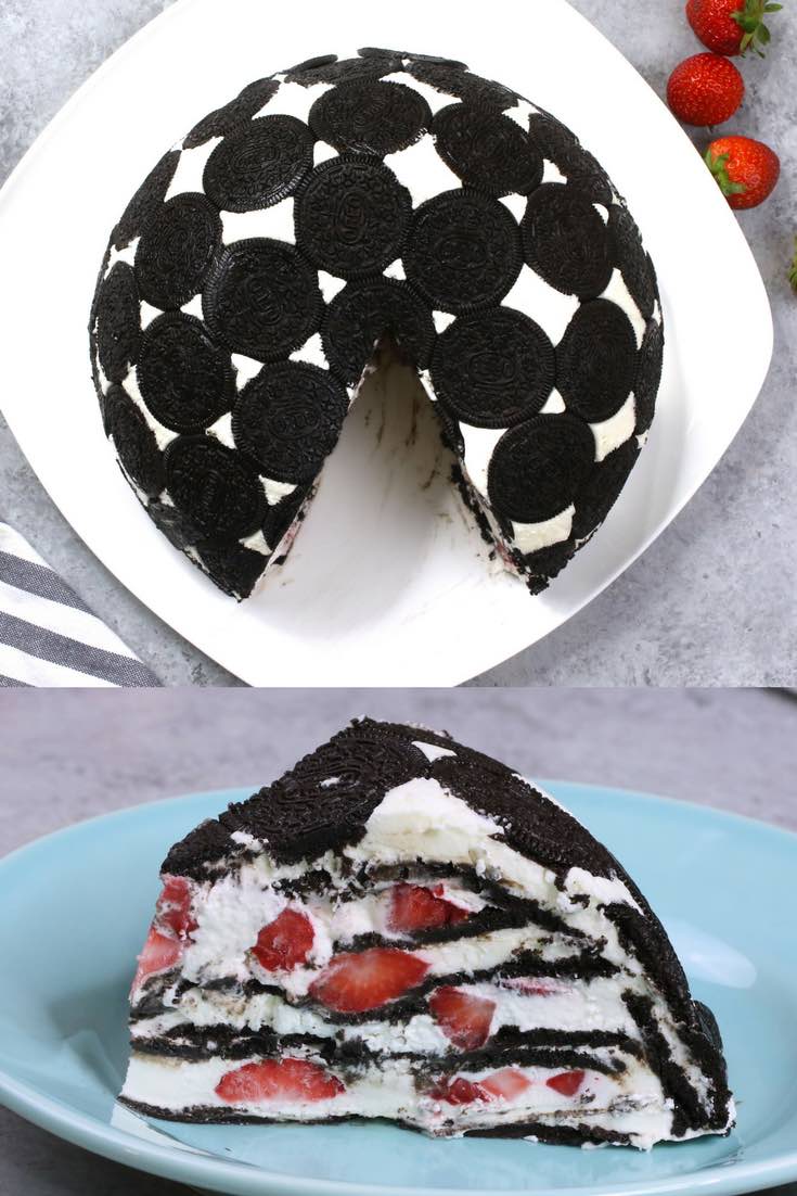 Easy Oreo Cake – So delicious and super easy to make with only a few simple ingredients: Oreos, cream cheese, sugar, cool whip, milk and strawberries. So Good! The perfect quick and easy dessert recipe. Party food. No bake. Video recipe. | tipbuzz.com