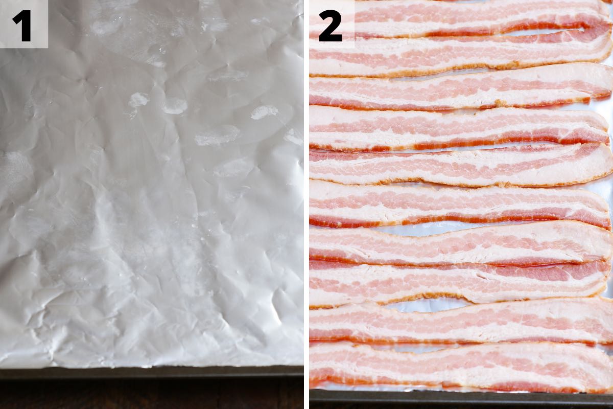 Oven baked bacon: step 1 and 2 photos.
